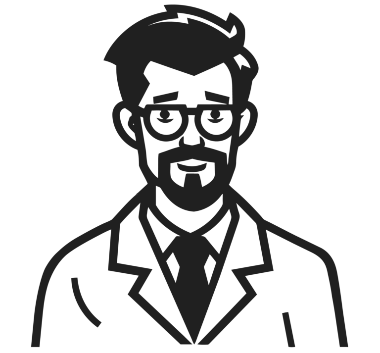 Illustrated cartoon portrait of a man with a beard and glasses, wearing a tie and lab coat